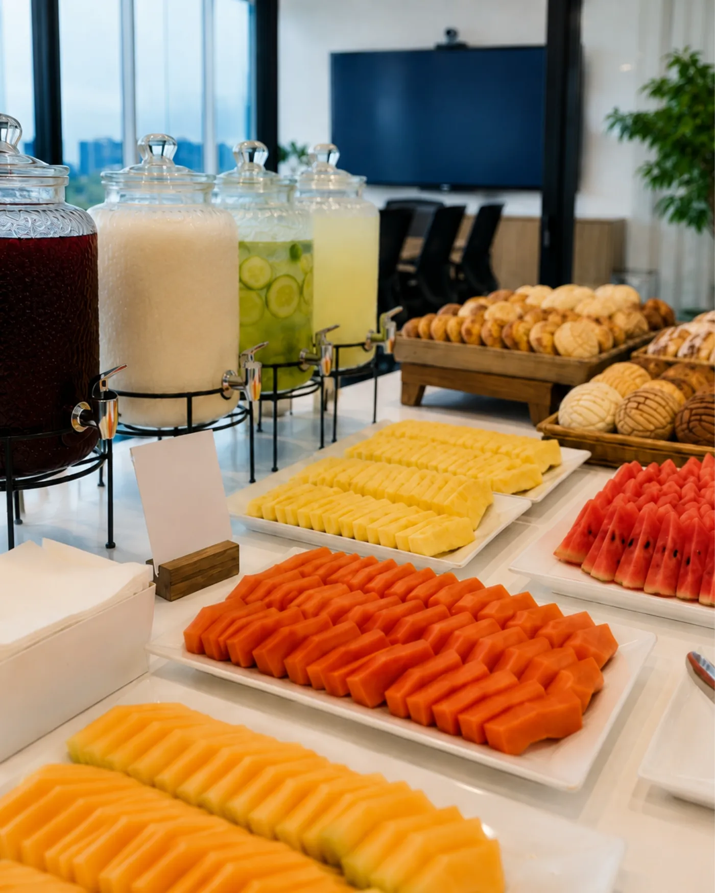 Coffee break corporativo montado en una sala de juntas, con jugos, pan y fruta